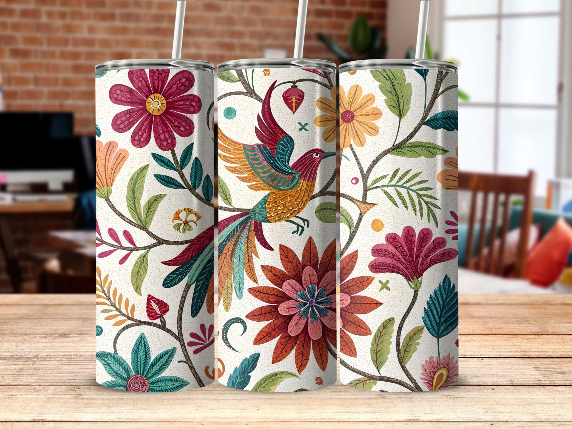 Colorful Floral and Bird Design Tall Tumbler product