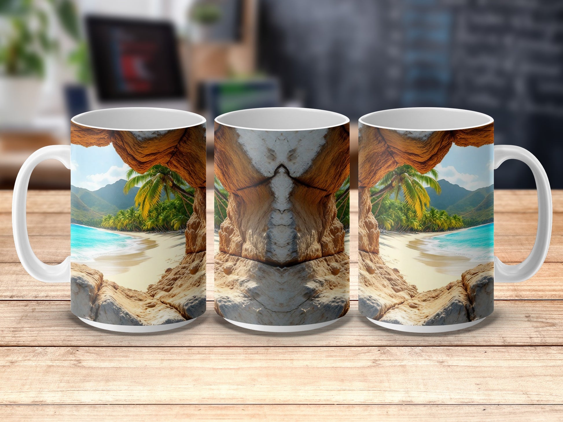 Tropical Beach Scene Coffee Mugs, Island Landscape Printed Cups, Ocean View Kitchen Decor, Gift Idea