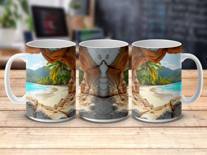 Tropical Beach Scene Coffee Mugs, Island Landscape Printed Cups, Ocean View Kitchen Decor, Gift Idea