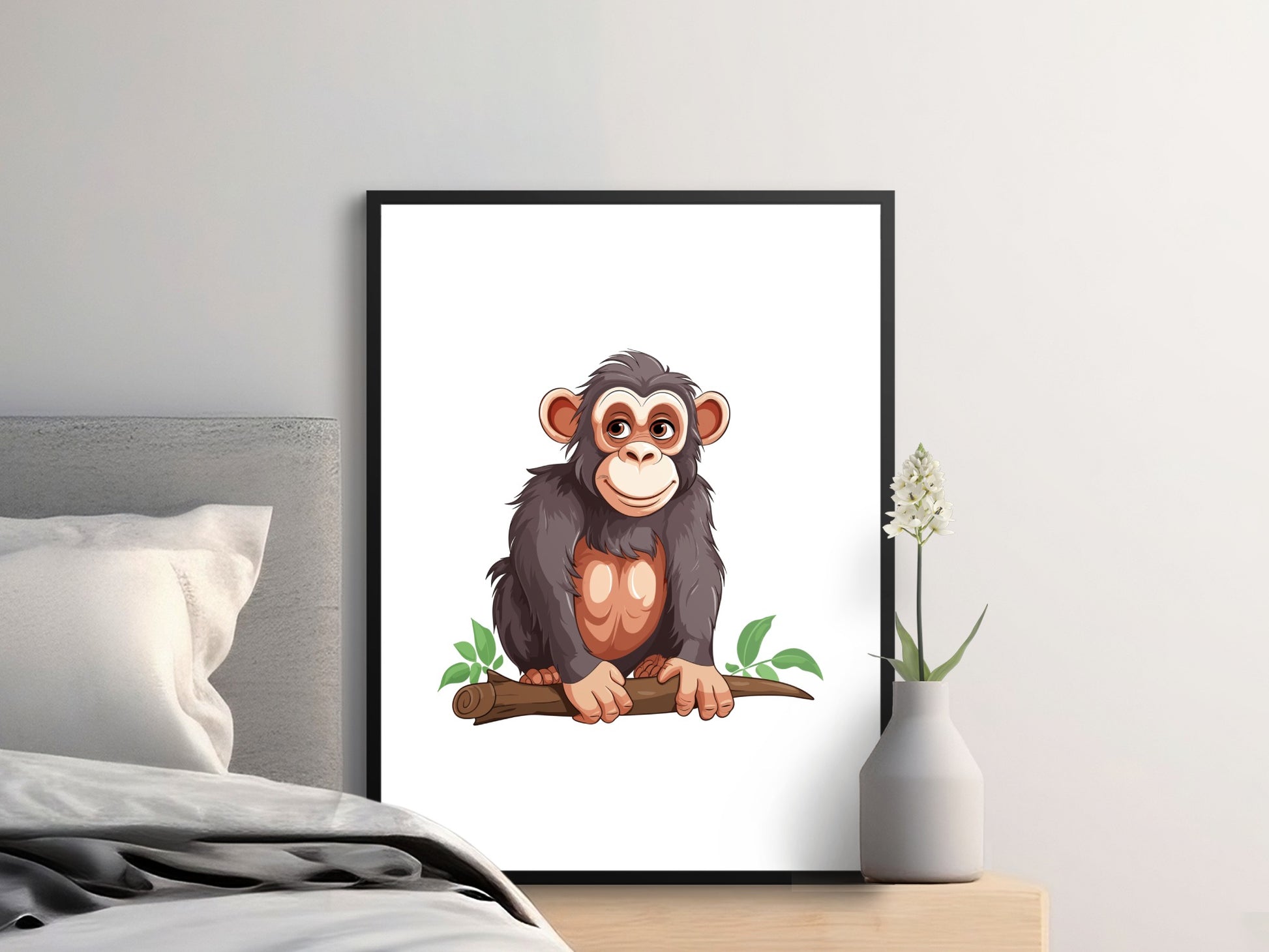 Cute Chimpanzee Art Print, Nursery Wall Decor, Kids Room Animal Poster, Jungle Theme, Framed Ready to Hang