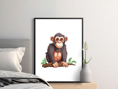 Cute Chimpanzee Art Print, Nursery Wall Decor, Kids Room Animal Poster, Jungle Theme, Framed Ready to Hang