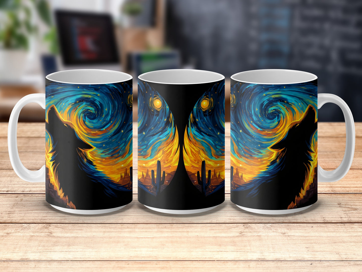 Van Gogh Inspired Artistic Coffee Mugs, Starry Night Skyline and Wolf Design, Set of 3 Unique Art Mugs