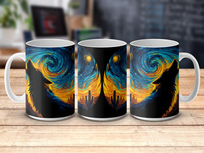 Van Gogh Inspired Artistic Coffee Mugs, Starry Night Skyline and Wolf Design, Set of 3 Unique Art Mugs