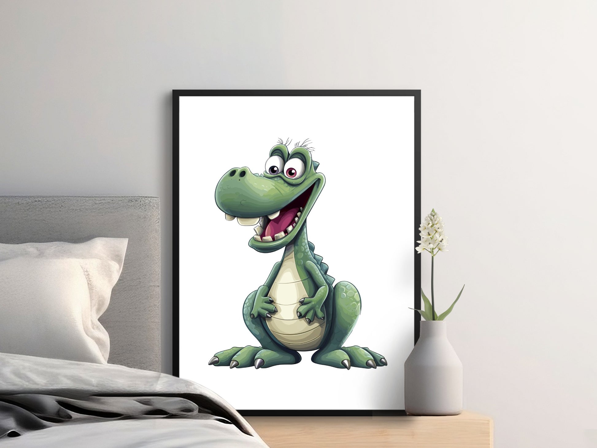 Cartoon Dinosaur Art Print, Playful T-Rex Wall Decor, Kids Room Poster, Nursery Wall Art, Colorful Dino Illustration