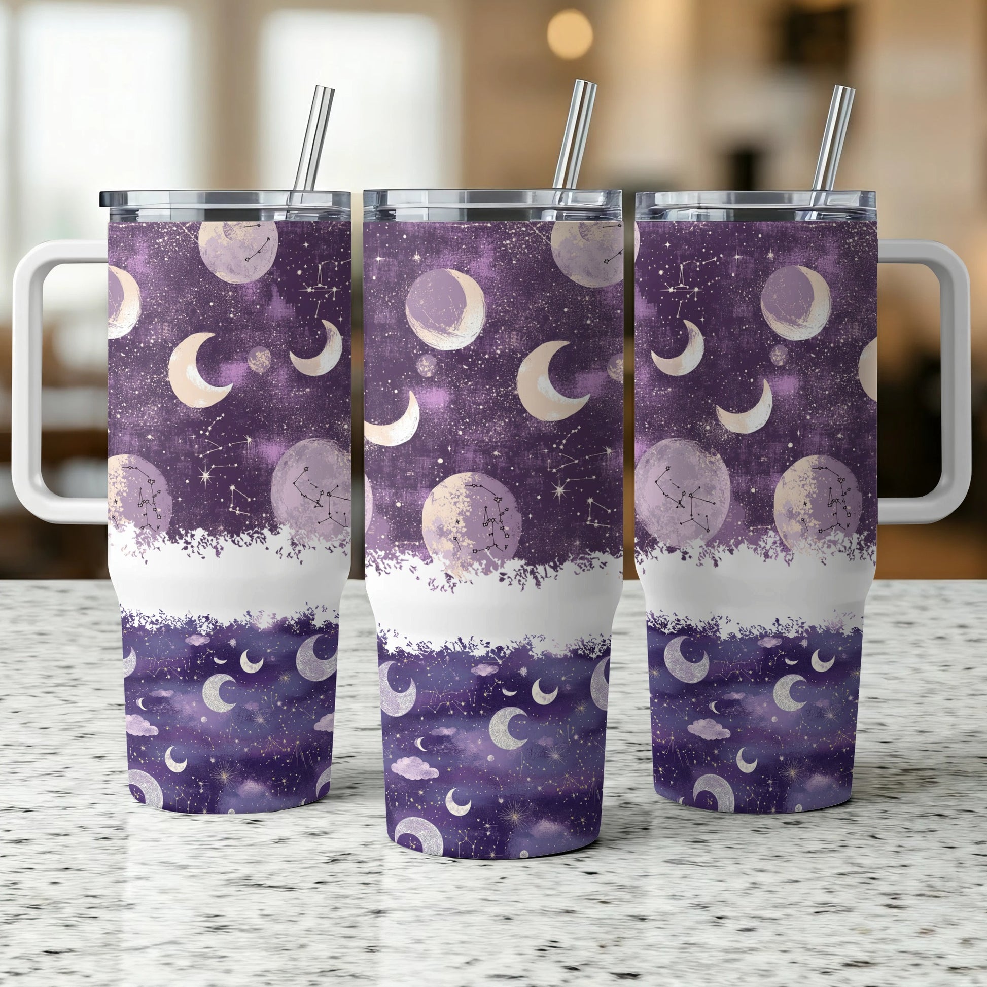 Purple Galaxy Moon Phase Acrylic Tumblers with Straws, Space Themed Drinkware Set, Unique Celestial Cups