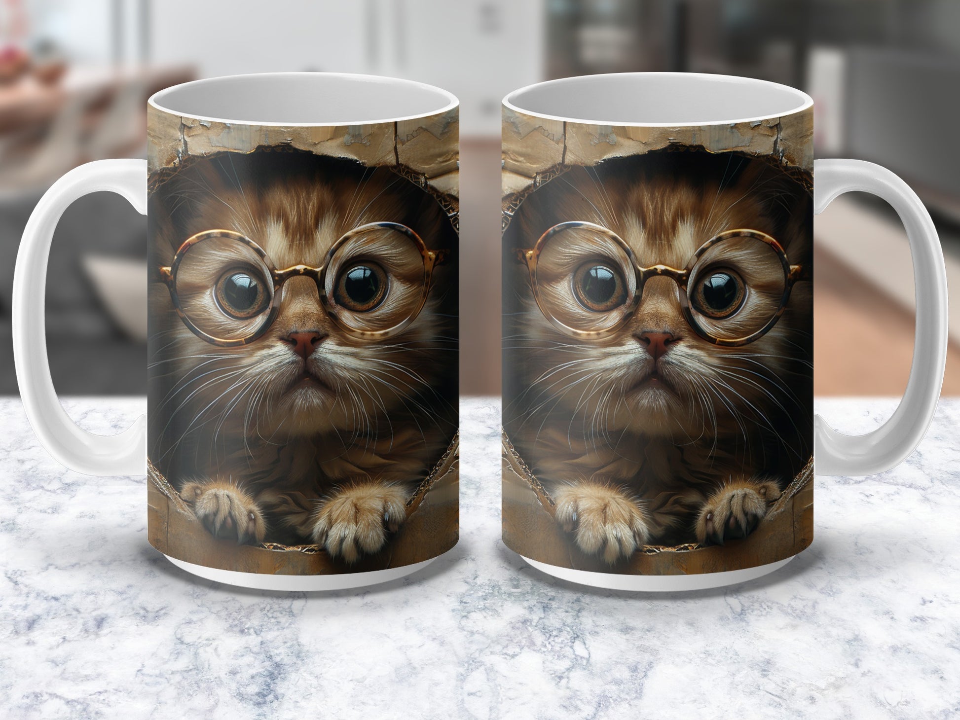 Cute Cat Mug with Glasses, Unique Kitten Coffee Cup, Animal Lover Gift, Quirky Kitchen Decor, 11oz Ceramic Mug