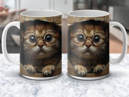 Cute Cat Mug with Glasses, Unique Kitten Coffee Cup, Animal Lover Gift, Quirky Kitchen Decor, 11oz Ceramic Mug