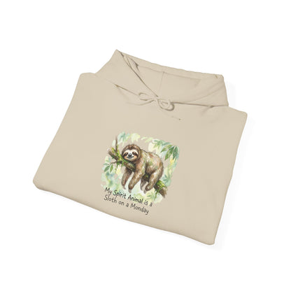 Beige hooded sweatshirt with a watercolor sloth illustration and text.