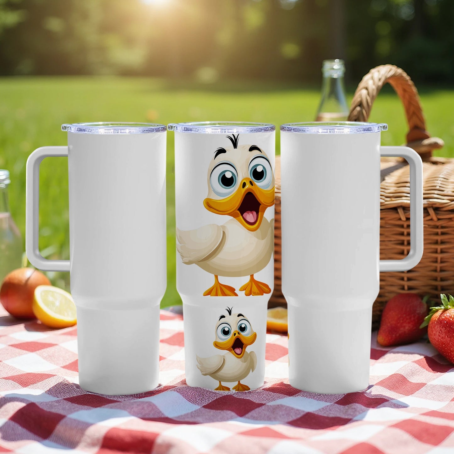 Cute Chicken Tumbler, Insulated Travel Mug for Kids, Animal Print, Summer Picnic Drinkware, White 20oz Tumbler with Lid
