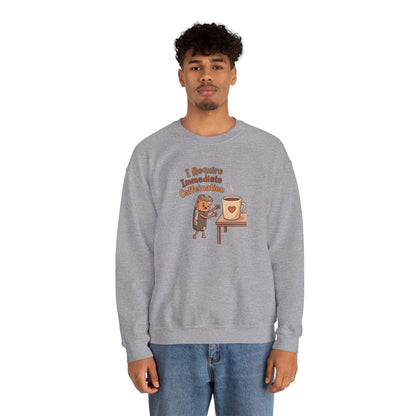 Cartoon coffee cup with text "I Require Immediate Caffeination" on a grey sweatshirt.