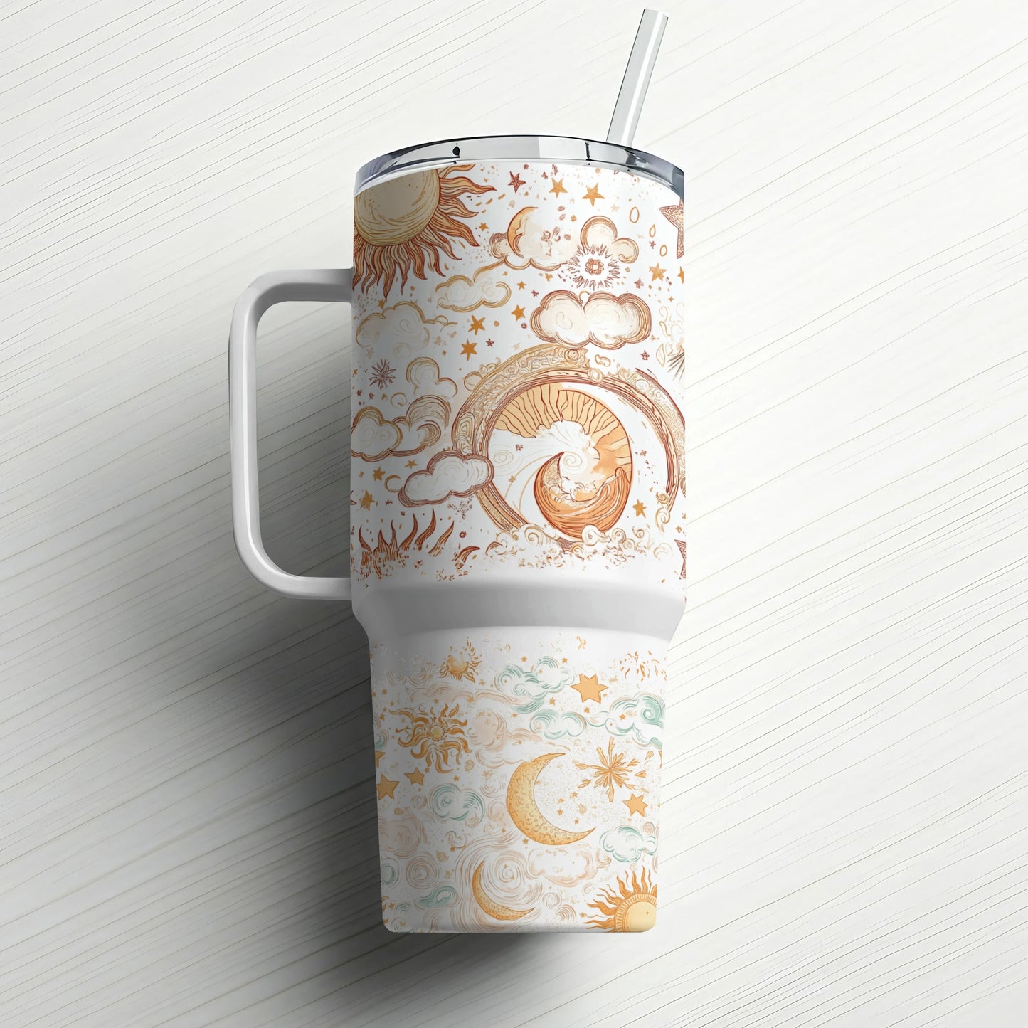 Boho Moon Phase Tumbler with Lid and Straw, Insulated Travel Mug, Celestial Coffee Cup, Aesthetic Drinkware, Unique Gift Idea