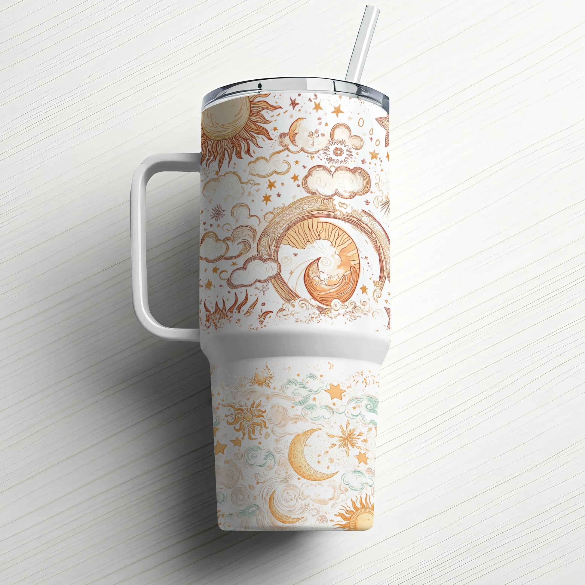 Boho Moon Phase Tumbler with Lid and Straw, Insulated Travel Mug, Celestial Coffee Cup, Aesthetic Drinkware, Unique Gift Idea