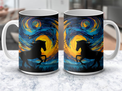 Starry Night Horse Mug, Van Gogh Inspired Artistic Coffee Cup, Unique Gift Idea for Horse Lovers and Art Enthusiasts