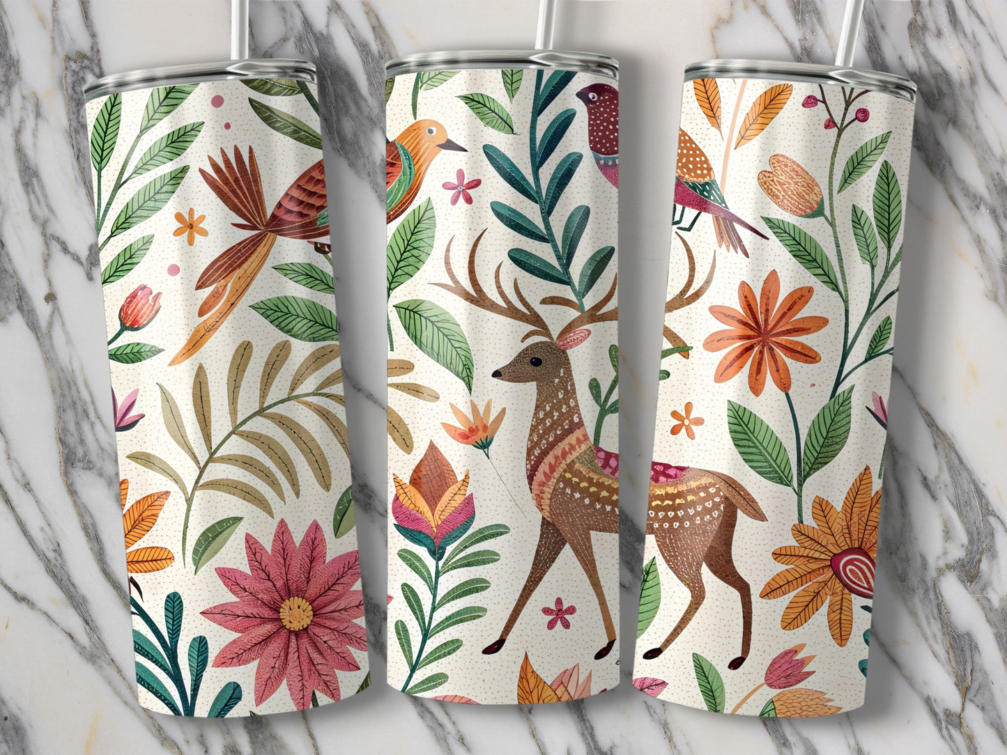 Floral and Deer Print Tumbler With Straw product