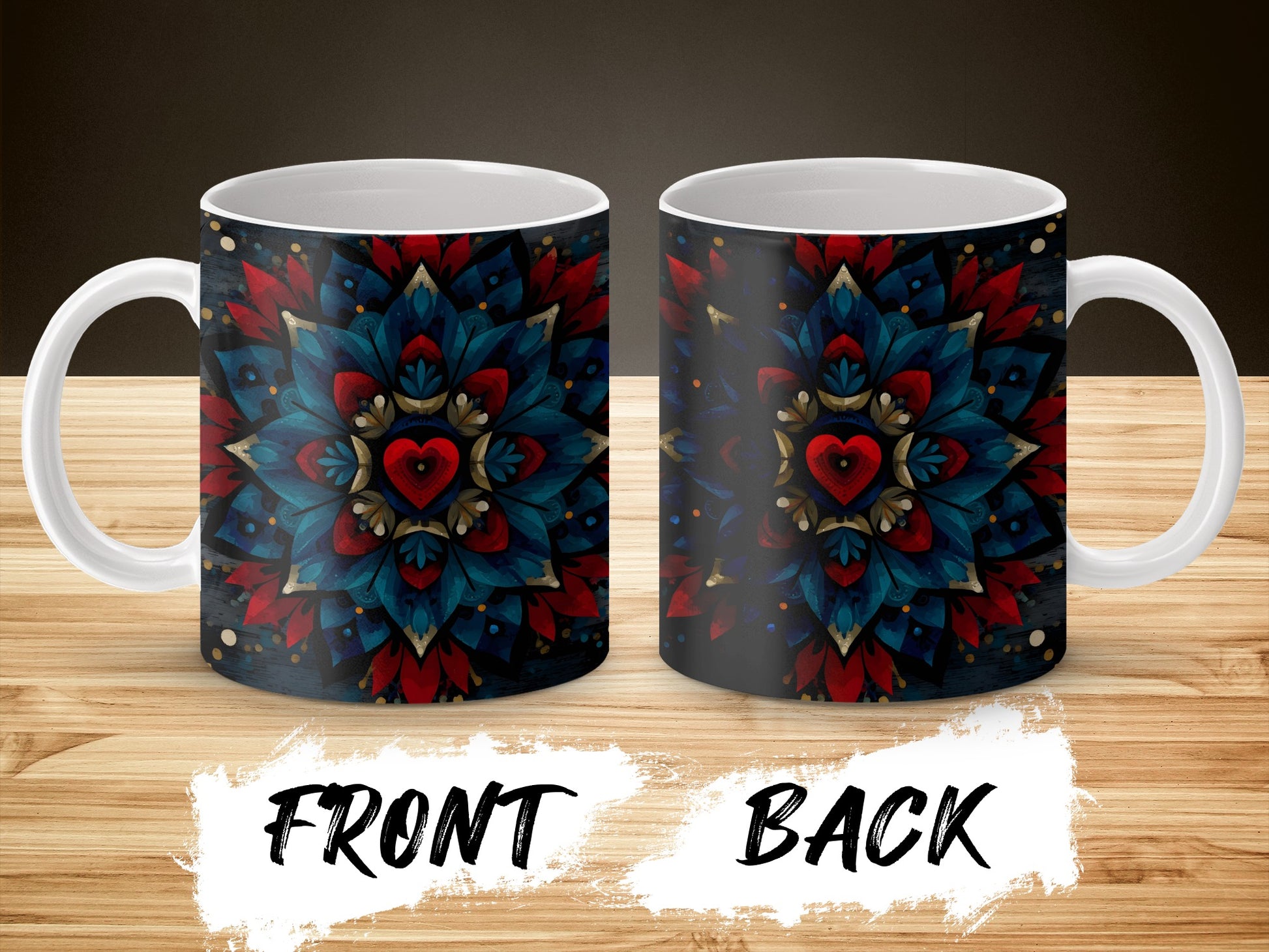 Colorful Mandala Heart Design Coffee Mug, Unique Graphic Ceramic Cup, Perfect Gift Idea for Art Lovers
