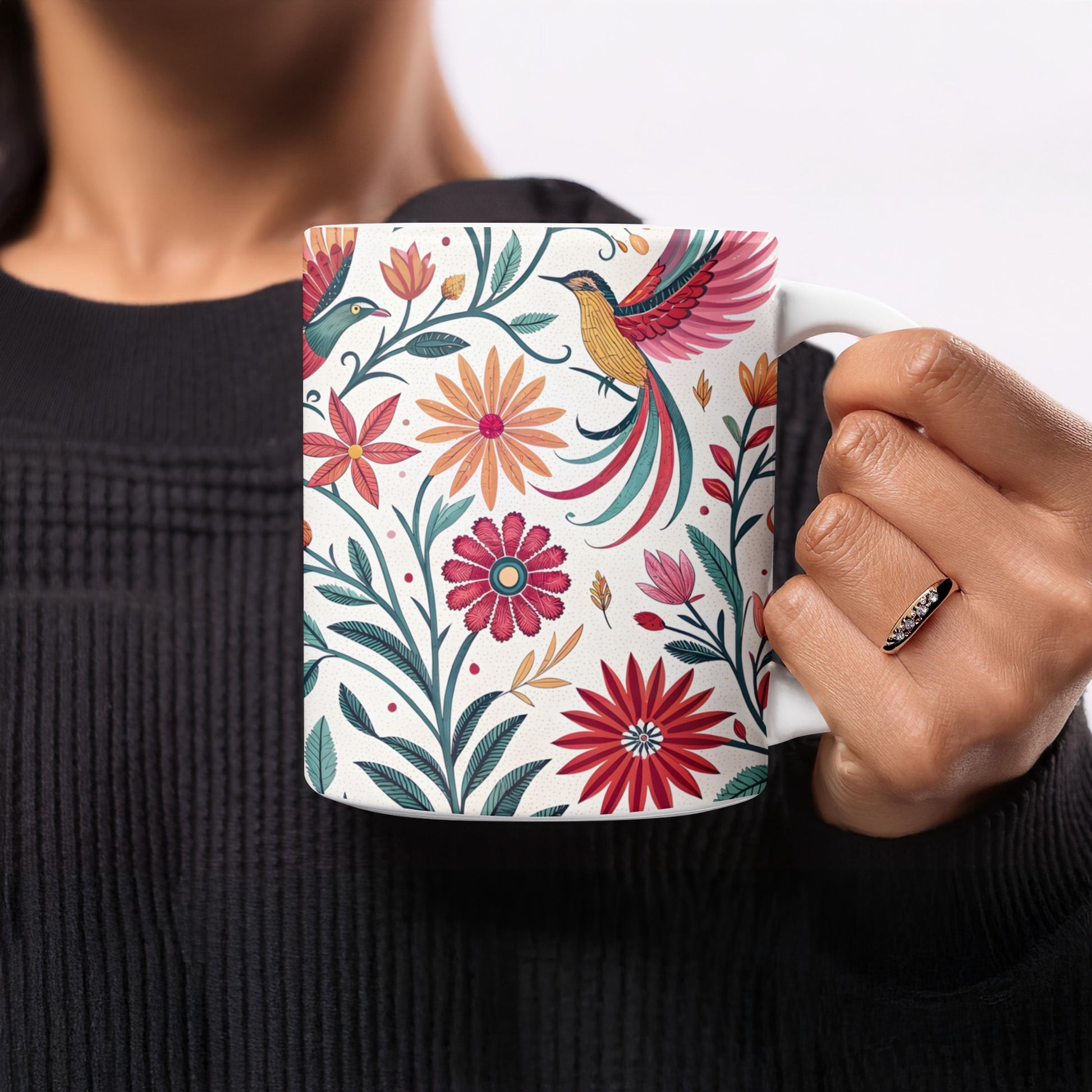 Vibrant Floral Mug with Bird Design Unique Drinkware Product