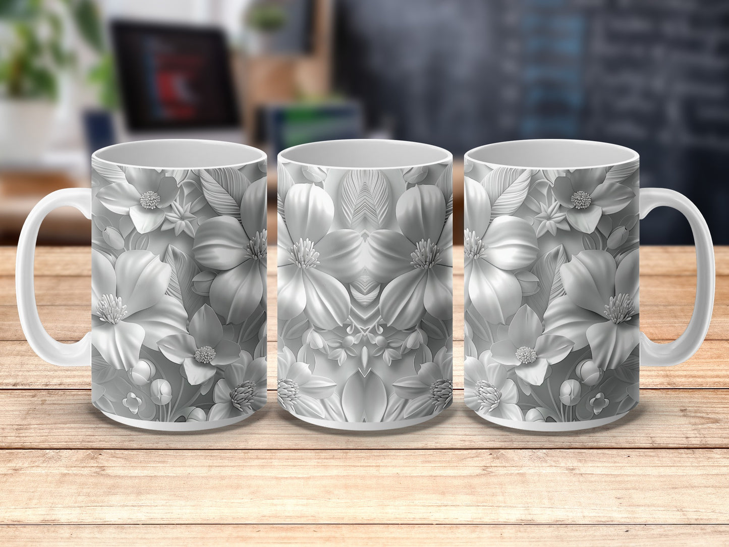 Elegant Floral Coffee Mugs, Grey and White Flower Design, Ceramic Cup Set, Unique Gift Idea
