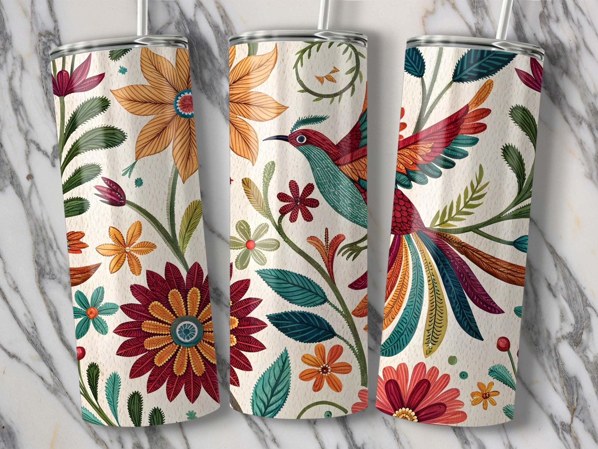 Colorful Floral and Bird Art Insulated Tumbler product