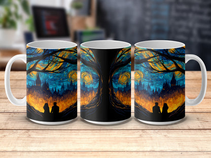 Starry Night Inspired Coffee Mug, Romantic Silhouette Artistic Print, Unique Gift Idea