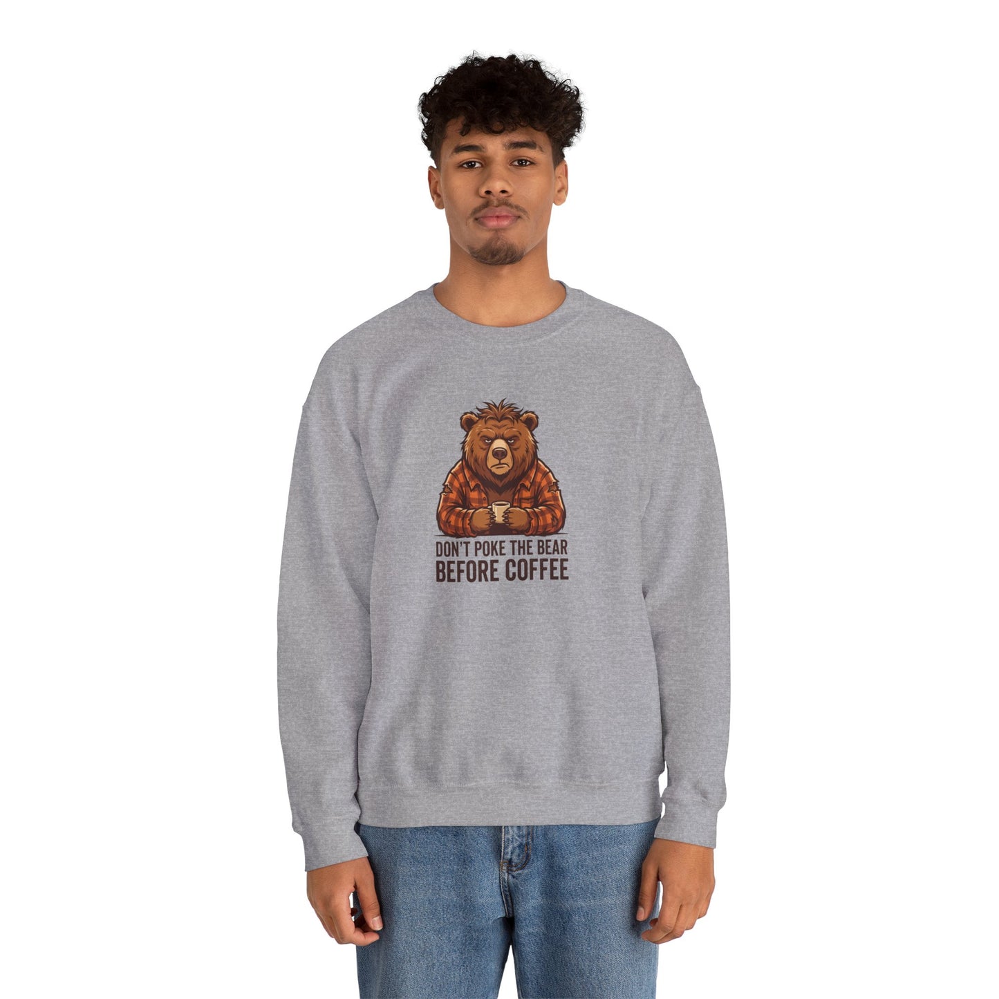 Grey sweatshirt with a cartoon bear holding a coffee cup and text.