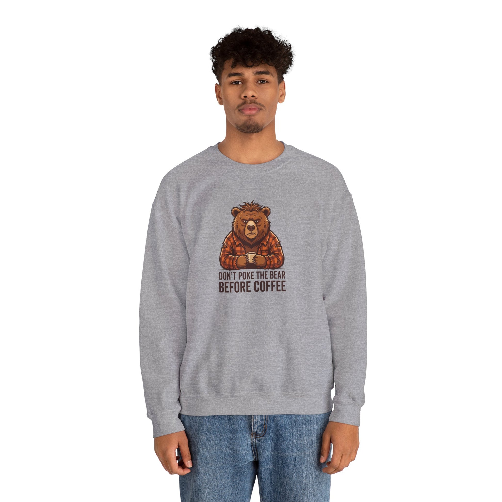 Grey sweatshirt with a cartoon bear holding a coffee cup and text.