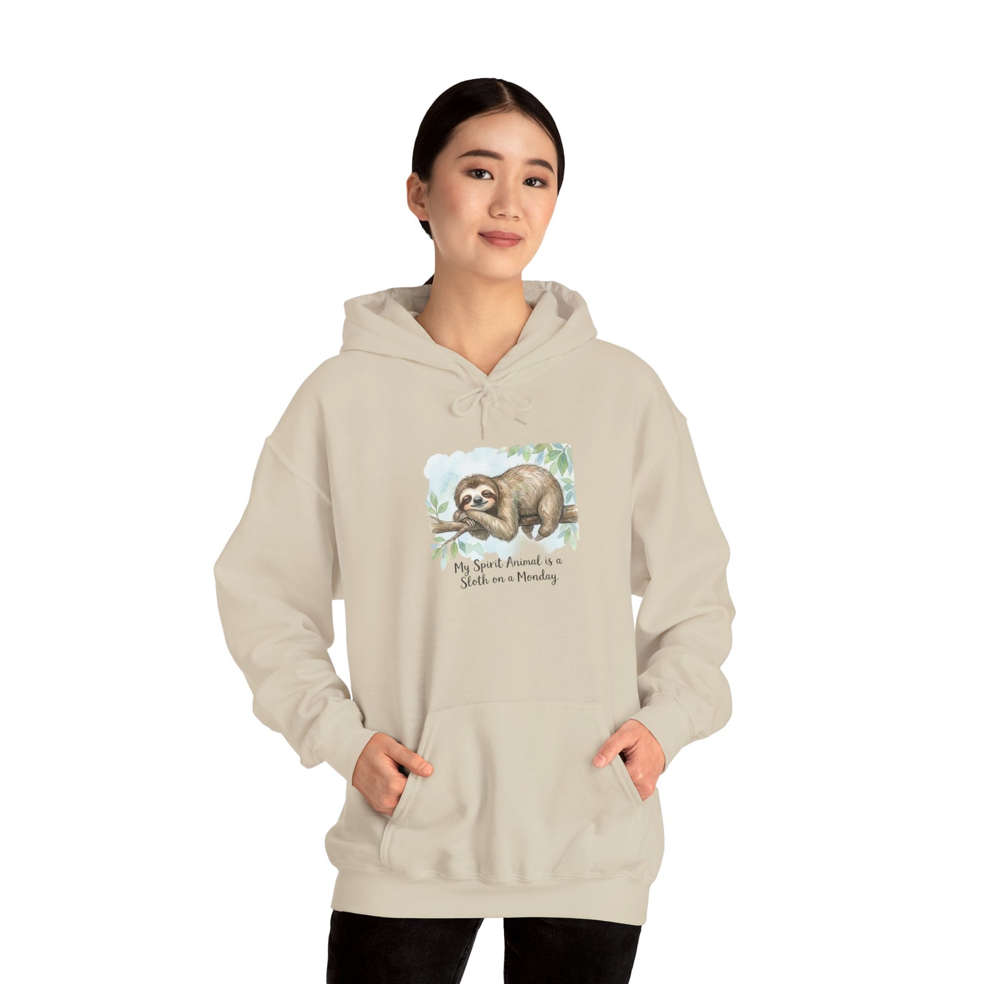 Beige hoodie with a watercolor sloth illustration and text.