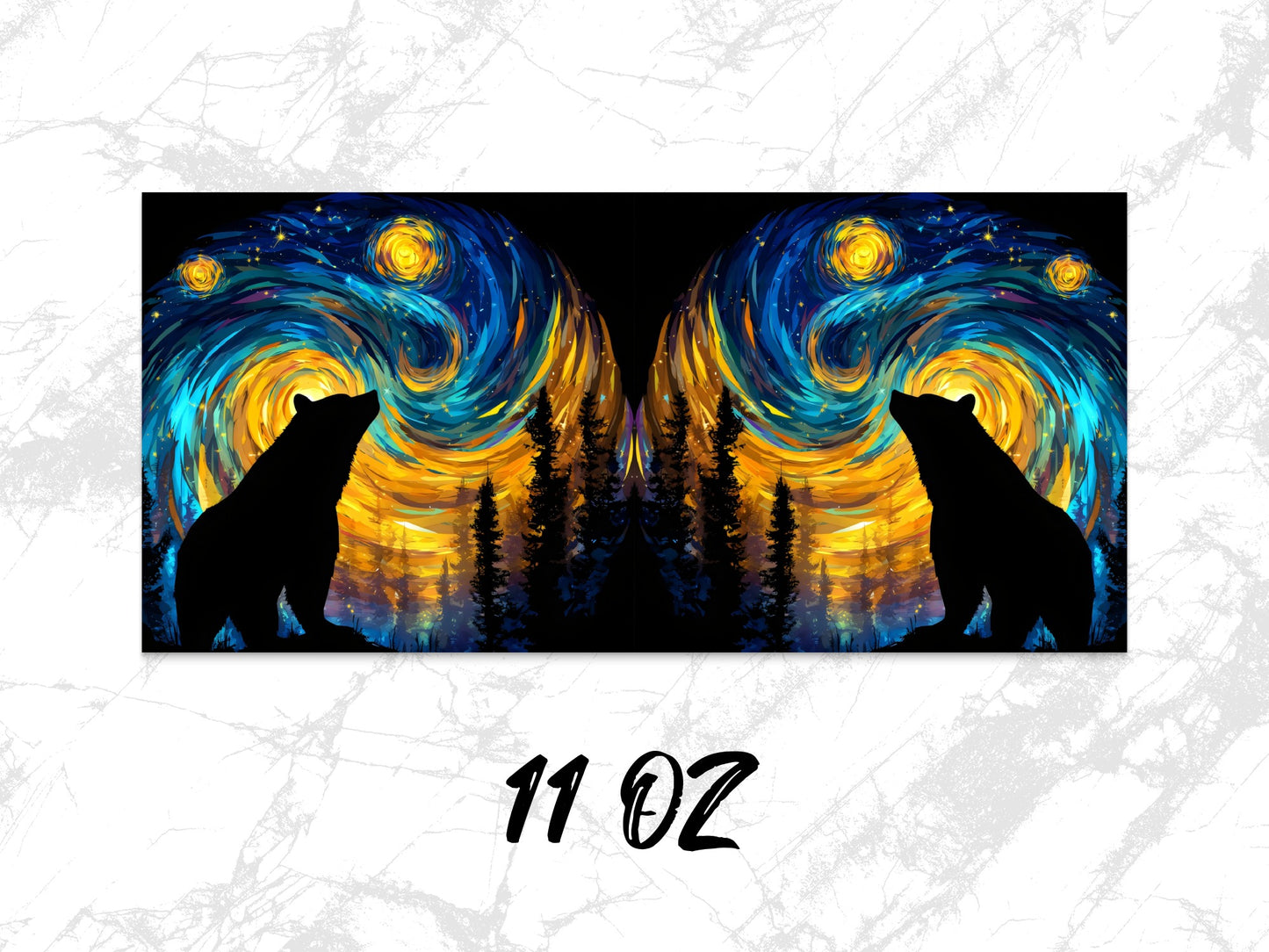 Abstract Bear Silhouette Art Print, Starry Night Sky, Forest Landscape, Vibrant Wall Decor, 11 oz