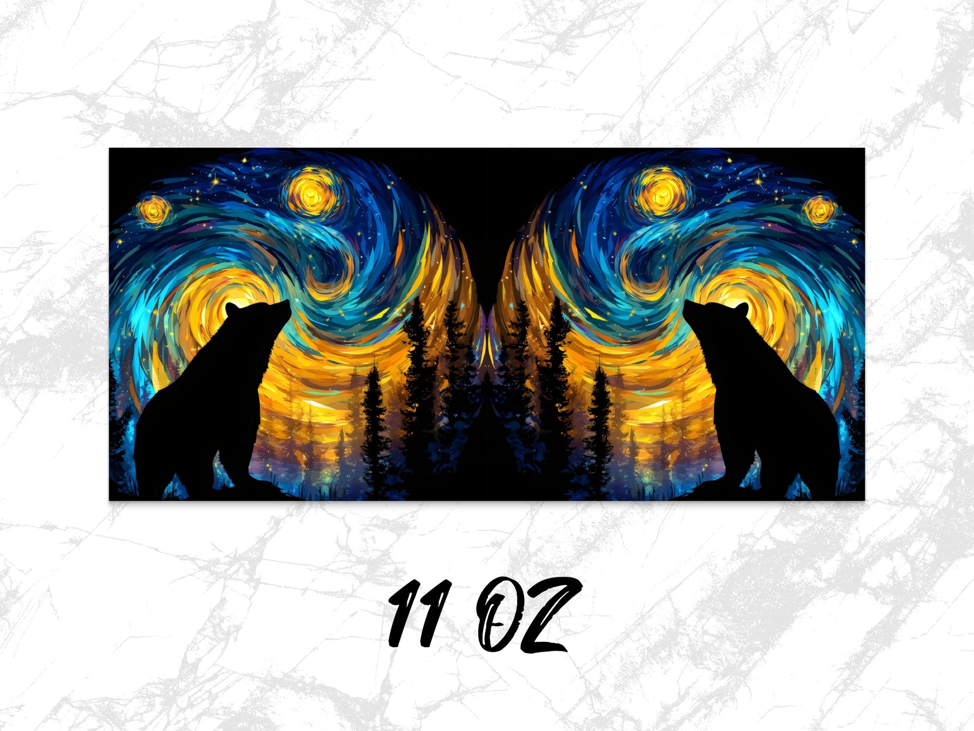 Abstract Bear Silhouette Art Print, Starry Night Sky, Forest Landscape, Vibrant Wall Decor, 11 oz