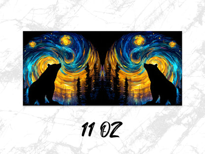 Abstract Bear Silhouette Art Print, Starry Night Sky, Forest Landscape, Vibrant Wall Decor, 11 oz