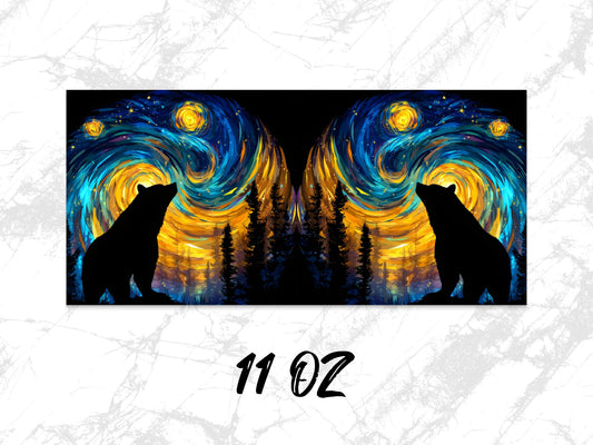Abstract Bear Silhouette Art Print, Starry Night Sky, Forest Landscape, Vibrant Wall Decor, 11 oz