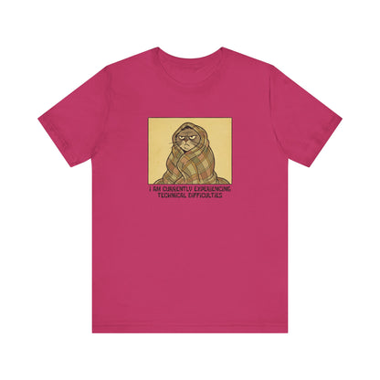 T-shirt with a grumpy cat wrapped in a blanket and text.