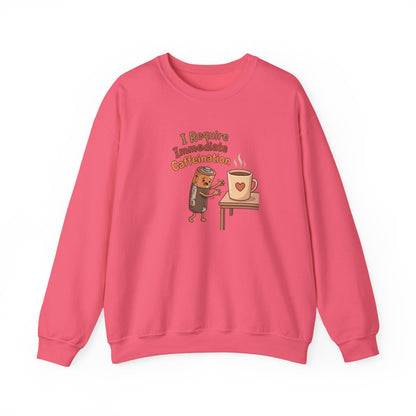 Crewneck sweatshirt with cartoon coffee cup needing caffeine.