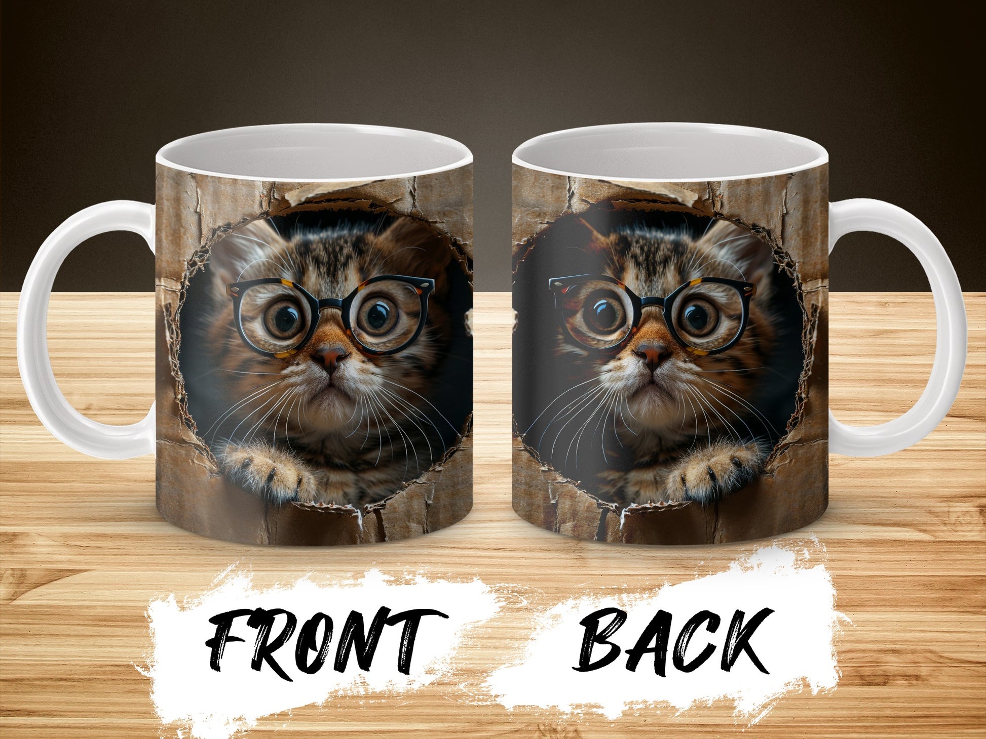 Cute Cat Mug with Glasses, Kitten Face Coffee Cup, Unique Animal Print, Gift Idea for Cat Lovers, Dual-Sided Design