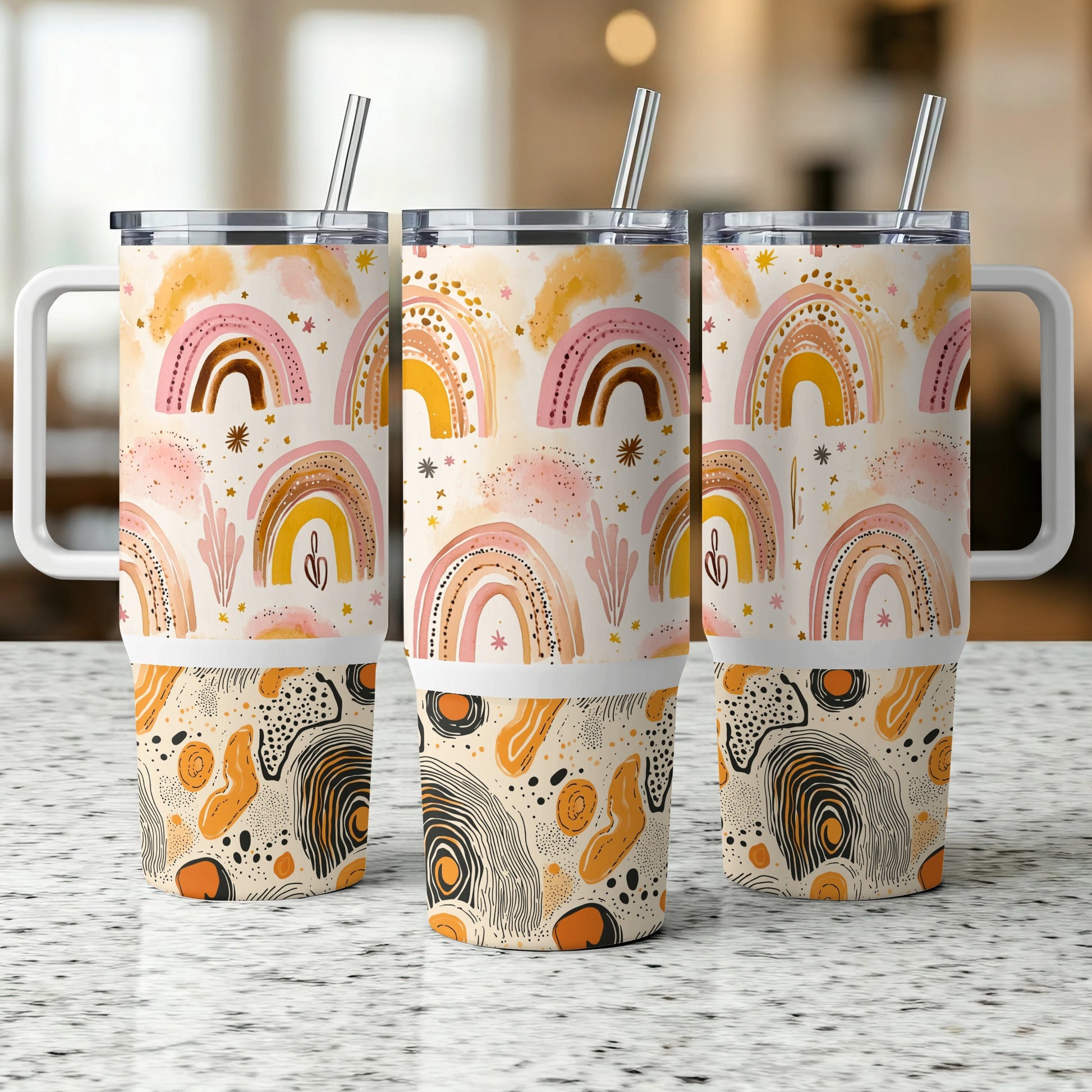 Boho Rainbow Tumbler Set, Insulated Cups with Straws, Abstract Art Drinkware, Trendy Kitchen Gifts