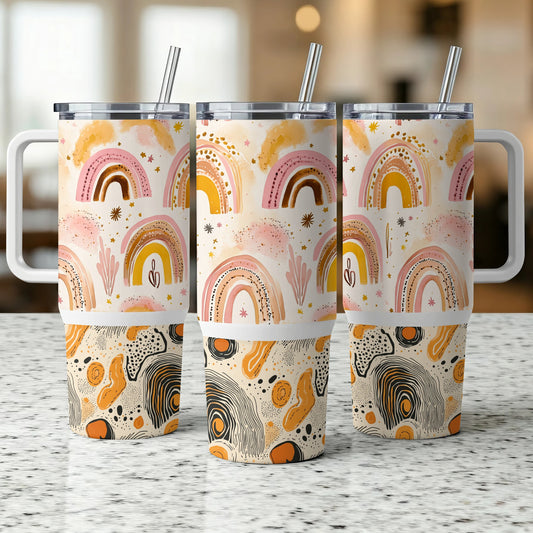 Boho Rainbow Tumbler Set, Insulated Cups with Straws, Abstract Art Drinkware, Trendy Kitchen Gifts