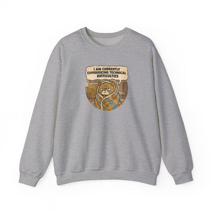 Gray sweatshirt with a cartoon cat wrapped in a blanket saying "I am currently experiencing technical difficulties."