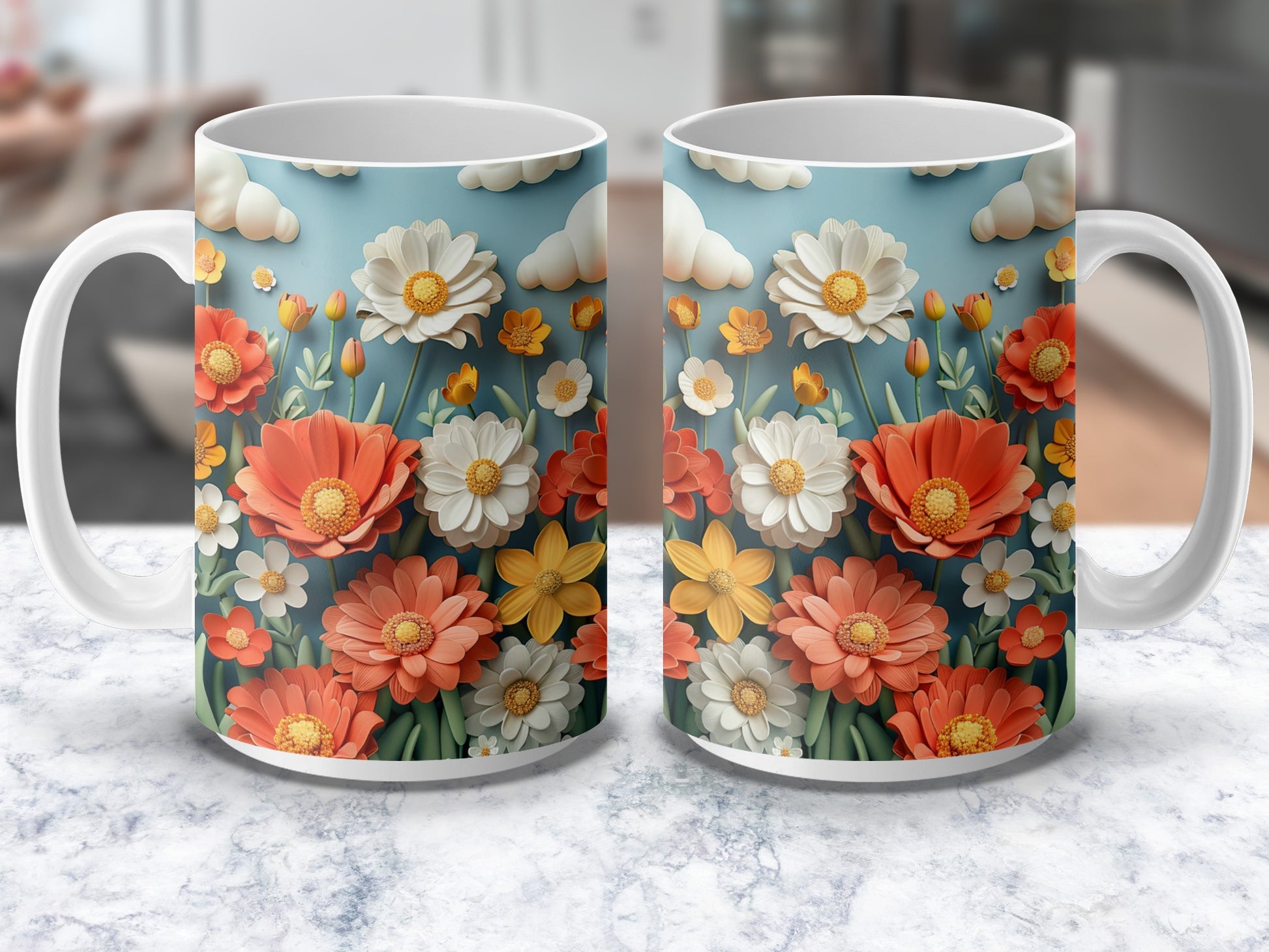 Floral Coffee Mug Set, Bright Daisy and Poppy Design, Ceramic Tea Cups, Kitchen Decor, Gift Idea