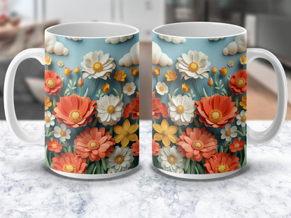 Floral Coffee Mug Set, Bright Daisy and Poppy Design, Ceramic Tea Cups, Kitchen Decor, Gift Idea
