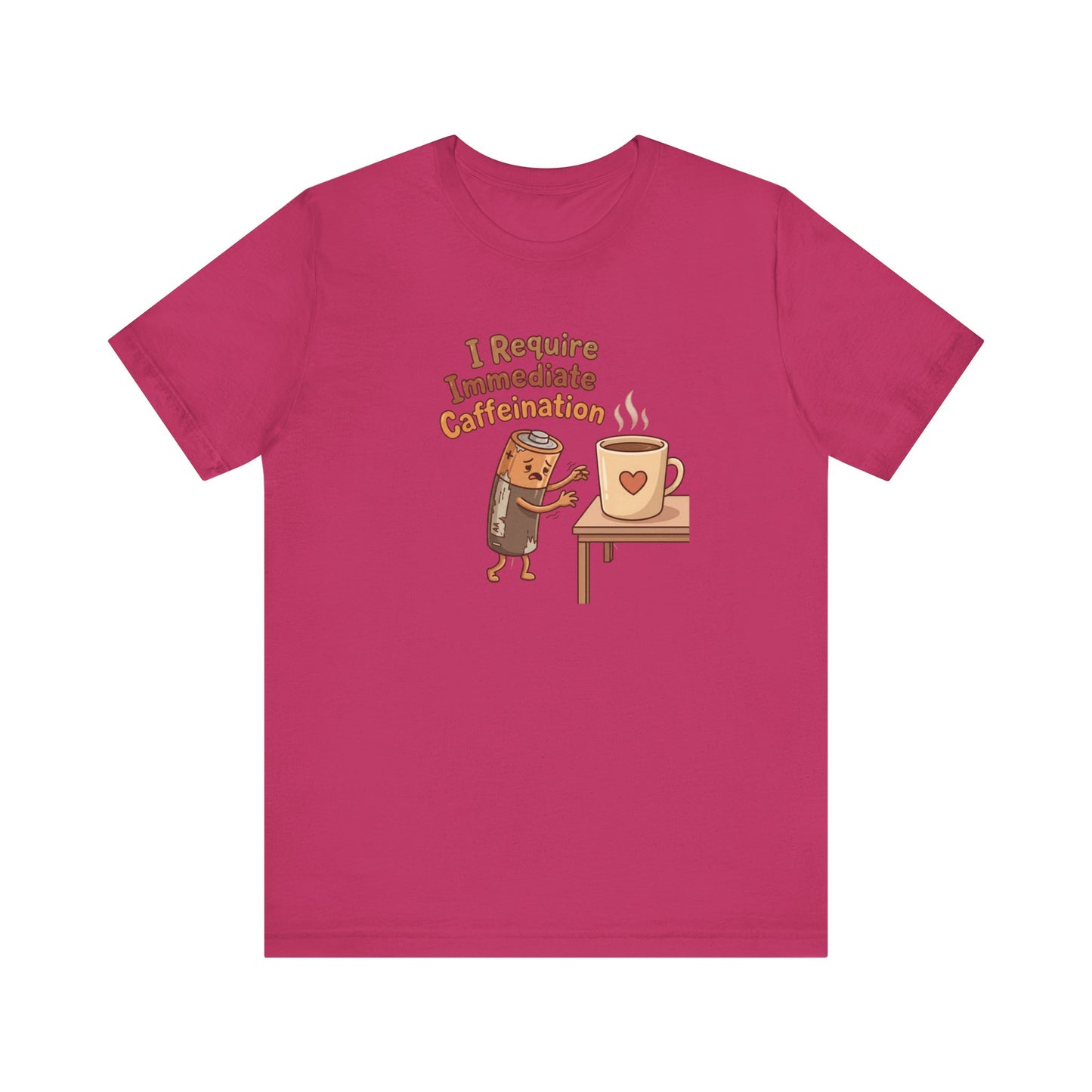 T-shirt with cartoon character holding a coffee mug, text "I Require Immediate Caffeination."