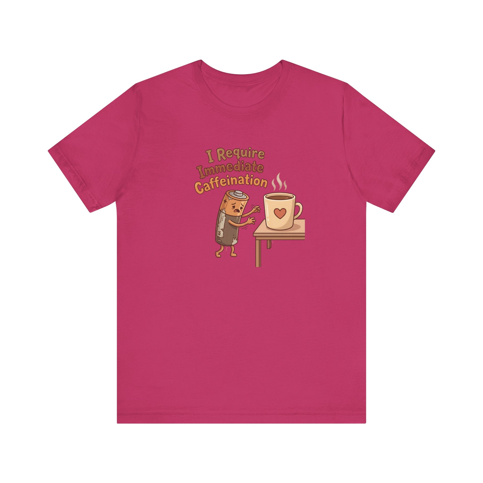 T-shirt with cartoon character holding a coffee mug, text "I Require Immediate Caffeination."