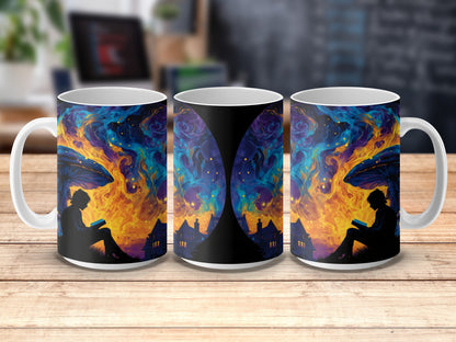 Fantasy Art Coffee Mugs, Colorful Reading Girl Silhouette, Unique Kitchen Gift, Artistic Drinkware, Book Lover Present