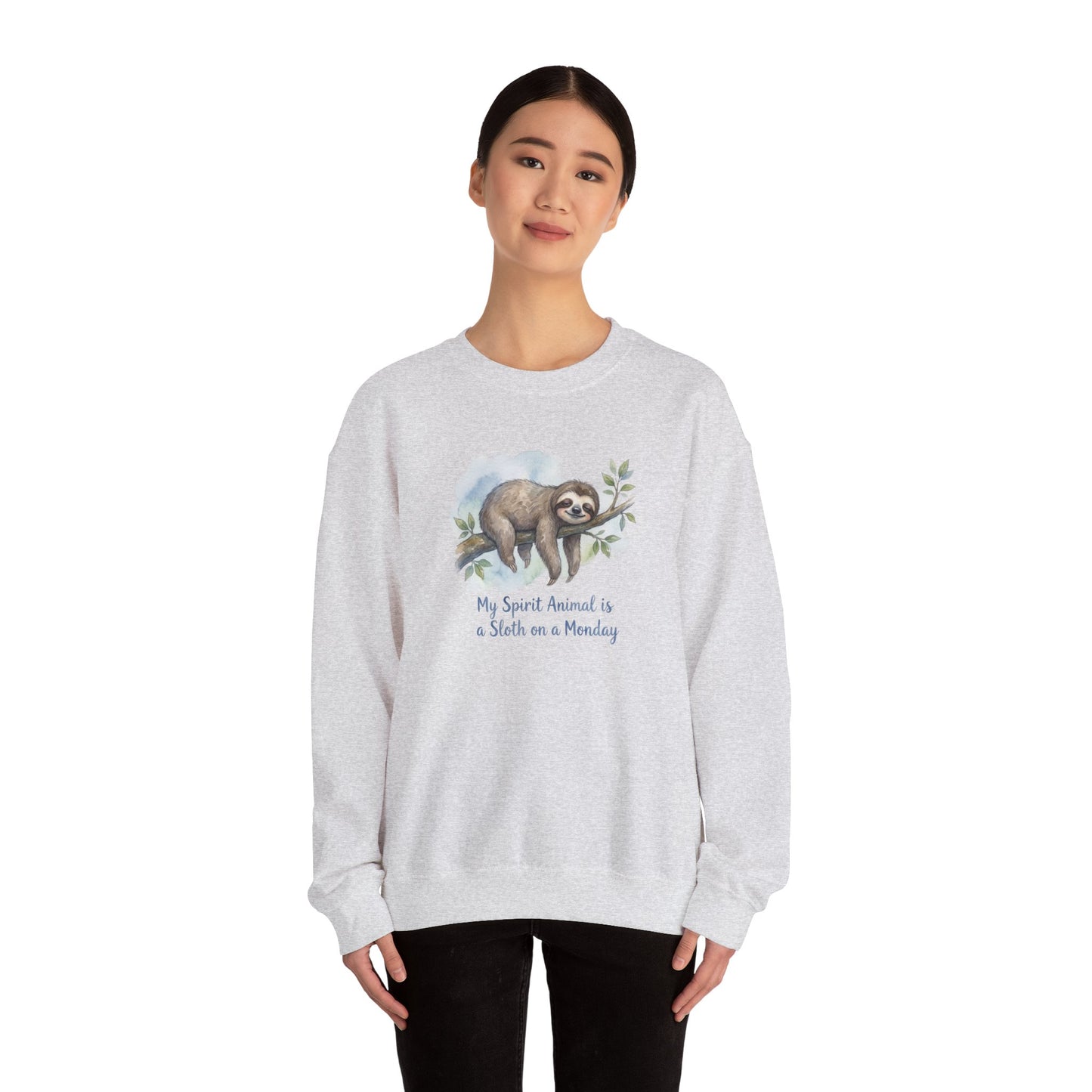 Light grey sweatshirt with watercolor sloth illustration and text.