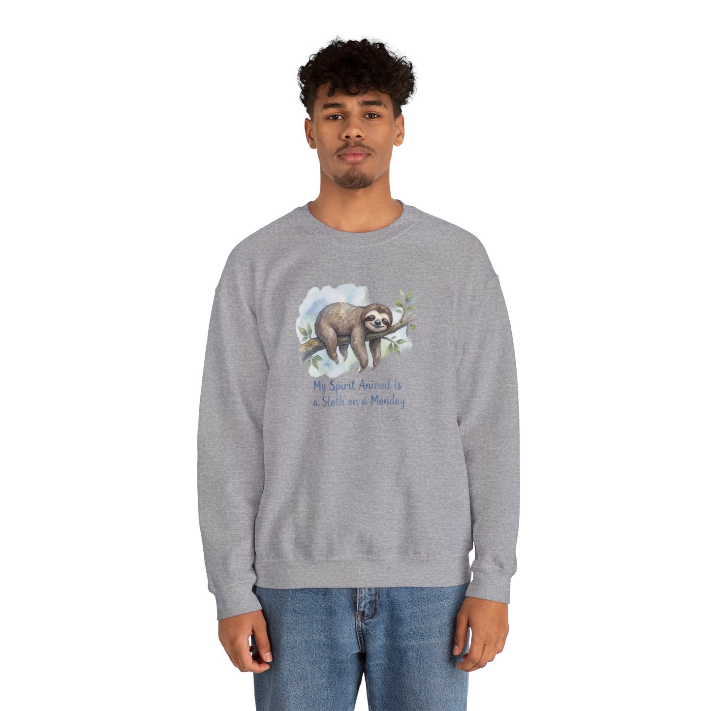 Gray sweatshirt with a watercolor sloth on a branch and text: "My Spirit Animal is a Sloth on a Monday."