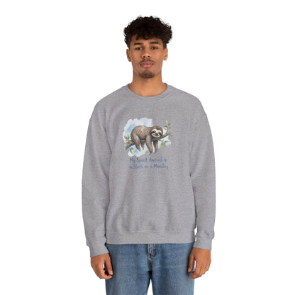 Gray sweatshirt with a watercolor sloth on a branch and text: "My Spirit Animal is a Sloth on a Monday."