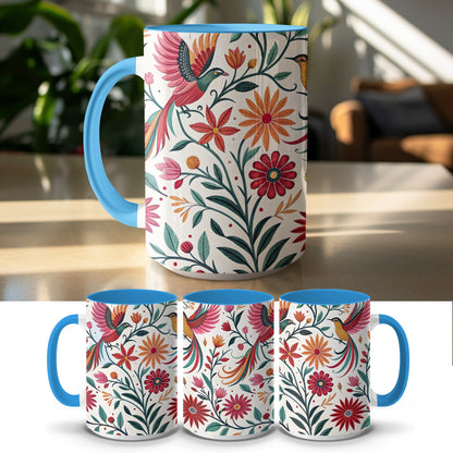Floral Bird Pattern with Blue Handle Mug product
