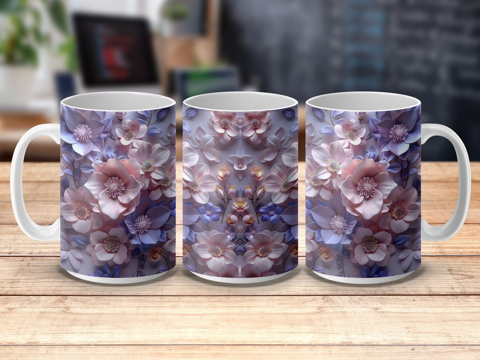Floral Coffee Mug Set, Elegant Purple and Blue Flowers, Ceramic Cup Trio for Tea and Beverages