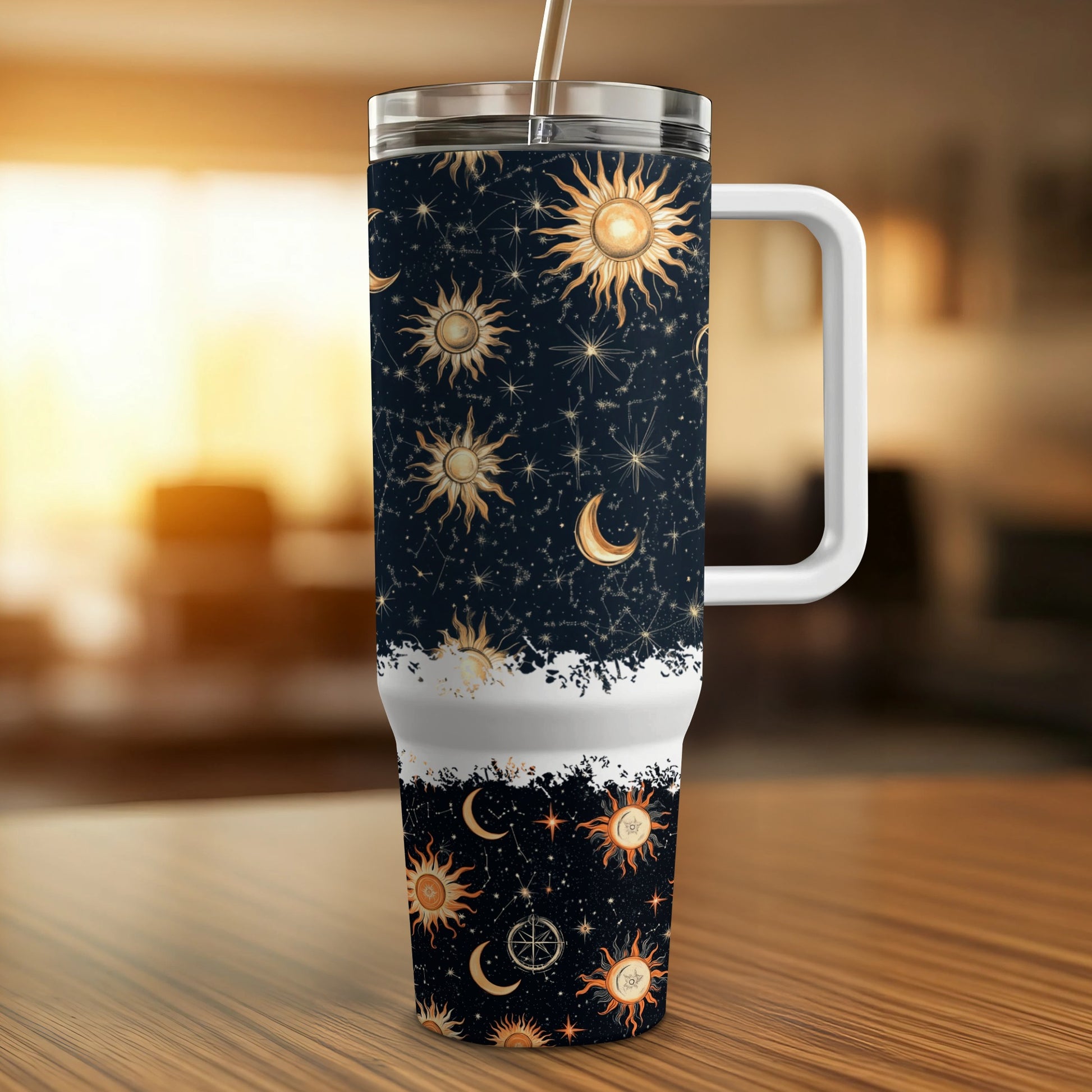 Celestial Travel Mug, Sun Moon Stars Pattern, Insulated Coffee Tumbler, Unique Astronomy Drinkware, Gift for Space Lovers