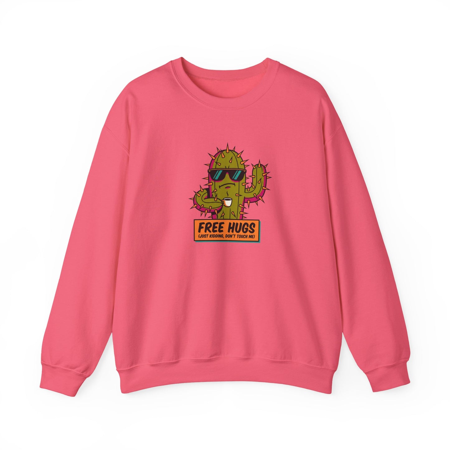 Pink sweatshirt with cartoon cactus wearing sunglasses and holding a coffee mug.