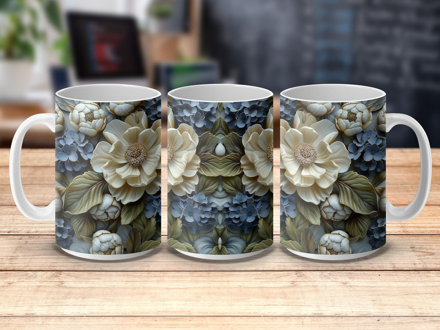 Floral Coffee Mugs Set, Blue and White Flower Design, Elegant Kitchen Decor, Ceramic Tea Cups, Gift Idea