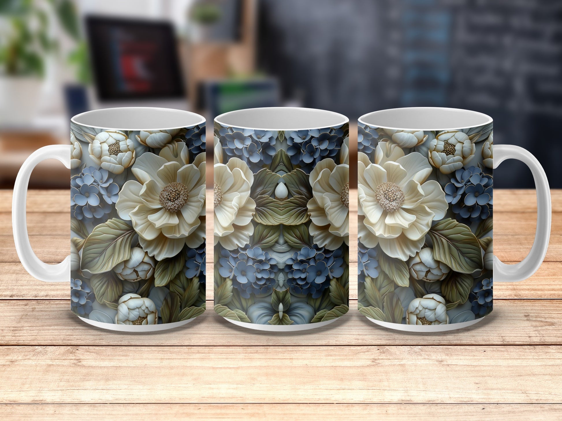 Floral Coffee Mugs Set, Blue and White Flower Design, Elegant Kitchen Decor, Ceramic Tea Cups, Gift Idea